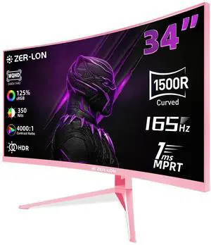 ZER-LON 34 inch Ultrawide Curved Gaming Monitor, 21:9 WQHD 3440×1440 165Hz Computer Monitors, 1500R 1ms(MPRT), 125% sRGB, 350nits, FreeSync, HDMI2.0 x2, DP1.4 x2, Wall Mountable/Tilt Adjustable Pink