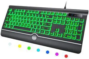Backlit Large Print Keyboard, Wired Light Up Keyboards with 7-Color Backlit, Wrist Rest, Oversize Letters Keys Easy to See and Type, Corded Full-Size Keyboard for Windows Desktop, Laptop, PC, Gaming