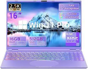 New 16" Purple Laptop,Ultra-Narrow Bezel 2.5K QHD IPS (2560x1600),In tel N95 (3.4GHz),16GB RAM 512G SSD,Color Backlit KB, Face Unlock,USB-C/HDMI/WiFi/BT,Win 11 Pro, for Business Study Entertainment