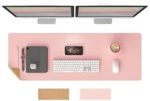 RENMTURE Dual-Sided Mouse Pad, Natural Cork & PU Leather Large Desk Pad for Office and Home Work, Desk Protector Non-Slip, Waterproof, Easy Clean (Pink, 47"x17")