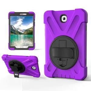 Juaupepo Rugged Case for Samsung Galaxy Tab S2 8.0 inch-2015-(SM-T710 T715 T713),Portable Hybrid Shock-Proof Cover with 360° Rotatable Hook&Loop Handle,Shoulder Strap (Purple)
