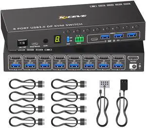 8 Port KVM Switch Displayport 4K@60Hz EDID Simulation, USB 3.0 DP KVM Switch for 8 Computers Share 1 Monitor and 4 USB Devices, KVM Switches with Audio RS232 Wired Remote 12V Power and 8 USB Cable