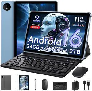 11 Inch Tablet Android 16 with Keyboard, 24GB RAM + 256GB ROM (2TB Expand), T7250 Octa-Core, 1920x1200 IPS FHD Display, 16MP+8MP Dual Camera, Gemini AI, GPS, 2.4G/5G WiFi, 8000mAh, Widevine L1