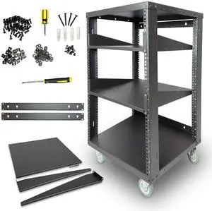 AxcessAbles 16U Open Frame Network & AV Rack with Caster Wheels, Two 2U Shelves, 10-32 & Cage Nut Compatible Rails, Cage Nuts, Screws, Cage Nut Tool & Wall Mount Kit | 19-Inch Equipment Rack