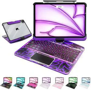 For iPad Air 11 Inch Case with Keyboard (Air M3/M2/6/5/4), 360 Rotating for iPad Pro 11 Inch Magic Keyboard (Pro 4/3/2/1), Cyberpunk High-tech with Pressure Reduction Sound Effect, Transparent Purple