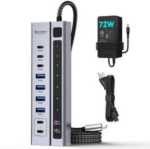 Minisopuru Powered USB C Hub, 9-in-1 USB C Hub Support Max 45W Charging with 72W Power Adapter, 10Gbps Data Transfer, for Laptop, MacBook,iPad (Not for Monitor)