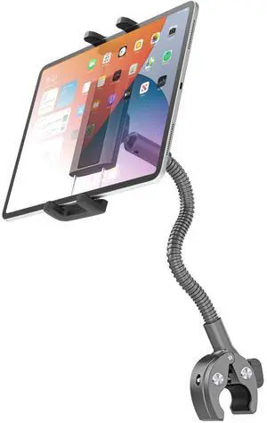 Charchendo Metal Gooseneck Tablet Mount with 9.45in Aluminum Arm - Universal Clamp-On Round Tube iPad Holder for Stroller, Boat, Mic Stand, Cycling & Gym Bike, Fits 4-13in Tablets & More