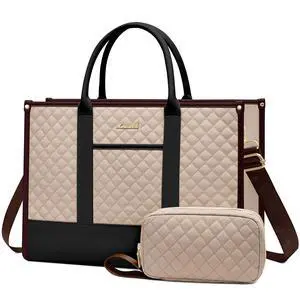 LOVEVOOK Laptop Bags for Women, 15.6 inch Waterproof Work Tote Bag with Clutch, Professional Teacher Computer Purse Lightweight Shoulder Bag Travel, Apricot Chocolate Black