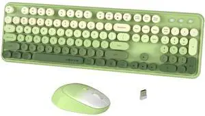 FCPLU xUBOTIE Wireless Keyboard and Mouse Combo, 104-Key Colorful Round Keycap, QWERTY Layout, 2.4GHz, Power Button, Plug Play for PC Laptop (Green)