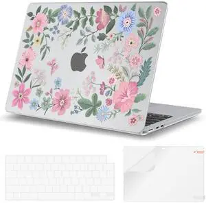 iCasso for MacBook Air 13 inch Case 2025 2024-2022 M4 M3 M2 Model A3240 A3113 A2681,[Ultra Thin Armor][100% Match Midnight], Air 13.6'' Flower Crystal Clear Hard Shell Protective Cover, Clear Flower