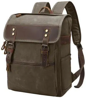 NEHOR Waxed Canvas Vintage Backpack Casual Genuine Leather Laptop Travel Rucksack for Men Women