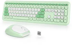 iTastatur Typewriter Wireless Keyboard and Mouse Combo,2.4G Office 104 Keys Full-Sized Retro Punk Keyboard,Cute Black with Round Keycaps for Laptop PC Desktops (Green White)