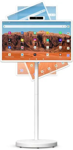 32 Inch Portable Smart TV,1080P Touchscreen Android 15 Monitor on Wheels,5MP Camera,9600mAh X 4 Battery,8+128GB Storage,Voice/Airmouse Remote Control,Rotatable Display for Home/Office/Outdoor (White)