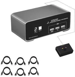 DP HDMI KVM Switch for 2 Computers 1 HDMI + 1 DP Monitors 4K@60Hz USB 2.0 with Remote
