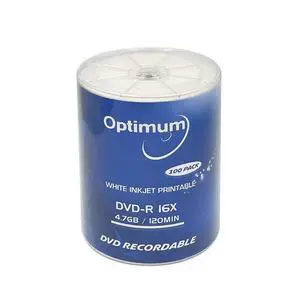 OPTIMUM DVD-R Blank Disc 4.7GB 16x Moisture Resistant White Inkjet Hub Printable Recordable Media - 100 Pack (no Container) Blank DVD Discs