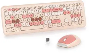 Surmen Cute Colorful Beige Keyboard and Mouse Wireless Silent, Full-Size Retro Typewriter Wireless Quiet Slim Keyboard Low-Noise 2.4GHz for Computer, Desktop, Laptop(Beige)
