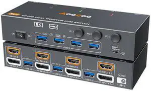 KVM Switch 2 Monitors 3 Computers 8K@60Hz/4K144Hz,DP+HDMI USB3.0 Dual Monitors KVM Switches with 4 USB 3.0 Port,Wired Remote,USB3.0 Cables Included(8K 3 PC 2 Monitor KVM)