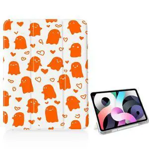 Halloween Orange Ghost Case for iPad 11 inch (A16 Chip) 2025 Generation 11th/iPad 10.9 inch 2022 10th Gen with Pencil Holder and Auto Sleep/Wake,White Leather Soft TPU Back Shell Stand Cover