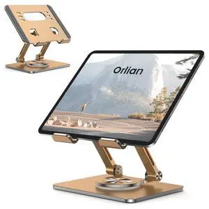Tablet Stand Holder with Thickened 360°Rotating Base Dual Rod Adjustable Aluminum Stand for All 5.8-12.9 iPad Samsung Phone Tablet Kindle E-Reader and More, Gold