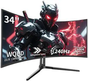 ZZA 34 Inch Curved Monitor, Gaming Monitor WQHD 4K 240HZ 1500R, Ultra Wide Computer Monitors with FreeSync,HDR10, 1ms,PC Screen Eye Care, Borderless Design,Support Wallmount 75x75mm