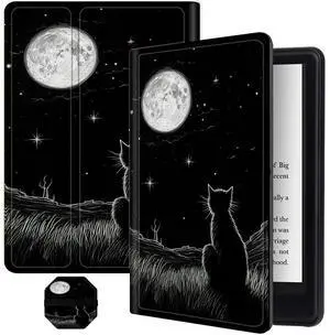 for 7" All-New Kindle Paperwhite 12th Gen 2024 and Kindle Colorsoft Signature Edition, Multi-Angle Stand Slim Cover with Auto Wake/Sleep + Screen Cleaning Pad, Cat Moon