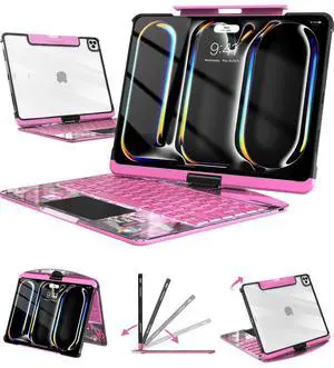 Auupgo Wireless Keyboard Case for iPad Pro 13" (M5/M4, 2025/2024), Transparent Protective Cover with 7-Color Backlit Keyboard, 360° Rotating Stand, Multi-Touch Trackpad and Pencil Holder, Pink