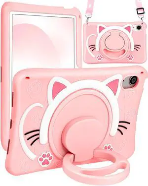 Wazzasoft for iPad mini 7 A17 Pro 2024, for iPad mini 6 Case 8.3 Inch Girls Cute Cat Kawaii Cover Girly Women Kitten with Rotating Stand & Strap Soft Silicone Funda for iPad mini 7th/6th Gen Cases