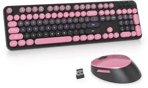 Owpkeenthy Keyboard and Mouse Wireless, Cute Retro Full-Size Cordless Keyboard with Number Pad 2.4 GHz Wireless USB Receiver for Computer (Heimei Pink)