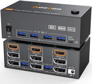 8K@60Hz HDMI2.1 Displayport KVM Switch 3 Monitors 2 Computers 4K@144Hz Triple Monitor KVM Switches with USB 3.0 Port,Wired Remote,Power Adapter and USB3.0 Cables(12cm 2 PC 3 Monitor 8K KVM)