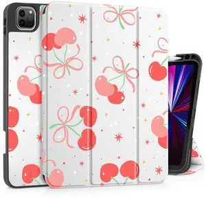 Tuiklol Case for iPad Pro 11 Inch 4ht/3rd/2nd/1st Gen 2022 2021 2020 2018 Release, Build-in Pencil Holder with Slim Stand TPU Back Cover & Trifold Stand & Auto Wake/Sleep Tablet Case,Etro Cherry-white