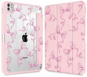 May Chen Case for iPad Pro 11-Inch M5/M4 2025/2024 (6th/5th Generation), Clear Transparent Print Back Shell Slim Stand Shockproof Tablet Cover, Auto Wake/Sleep, Pink Bows P565