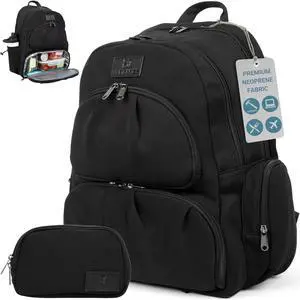 Varibasics Alira Womens Neoprene Laptop Backpack Set with Cooler Compartment & Coordinating Belt Bag, Premium Work Travel Backpack Fits 17 Laptop, Durable Large Bag, Office, Gym & Mom Life (Black)