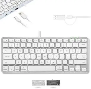 Macally Small Keyboard for Mac with USB Hub (3 Ports) - Wired 2 in 1 USB C + A Plug - Save Space with an Apple Compatible Keyboard (78-Key Layout) - Silver