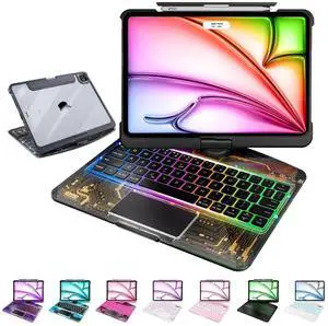 MAYDORHER for iPad Pro 11 Inch Case with Keyboard, 360 Rotating for iPad Pro M4 Magic Keyboard with Cyberpunk High-tech Style, Pressure Reduction Sound Effect, 7 Colors Backlight, Transparent Black
