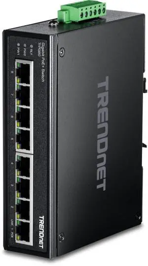 TRENDnet 8-Port Industrial Gigabit PoE+ DIN-Rail Switch, TI-PG80, 200W PoE Power Budget, 16Gbps Switching Capacity, NDAA & TAA Compliant, Ethernet Splitter, Lifetime Protection