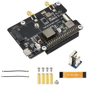 PoE M.2 E Key HAT+ for Raspberry Pi 5, PCIe to M.2 E Key Adapter with PoE, Supports NGFF (M.2 E Key) Wireless NIC, USB Bluetooth, SMA Antenna, 16-Pin PCIe & 40-Pin GPIO, 5V/12V Output