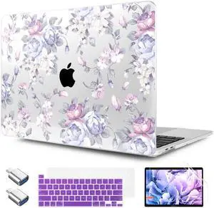 TWOLSKOO Compatible with MacBook Pro 13 inch Case 2023-2016 A2338 M2/M1 A2251 A2289 A2159 A1989 A1706, Plastic Hard Shell Cover & Keyboard Skin & Screen Protector, Purple Peony