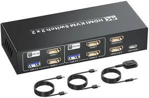HDMI KVM Switch 2 Minitors 2 Computers, USB 3.0 4K@60Hz Dual Monitor HDMI KVM Switch 2 in 2 Out for 2 PC Share 2 Monitors and 1 Set of Keyboard Mouse and Other USB Devices, Copy Mode & Extended Mode