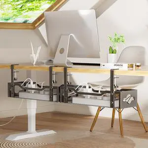 Litwaro Under Desk Cable Management Tray 2 Pack, No Drill, Organizer with Clamp Easy to Install for Standing Cord Organizer, Wire Damage Desk, Black, 13.38''-2 pack