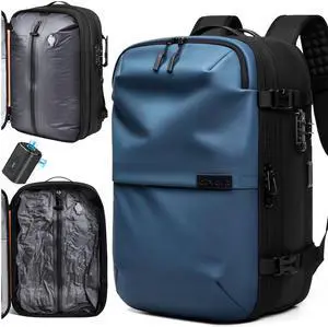 AirVault Vacuum Seal Travel Backpack 60L - Expandable Air Compression Vacuum System, Water-Resistant, Carry-On with TSA Lock Fits 19" Laptop (Blue)