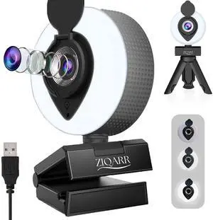 Ziqarr FHD 1080p All-in-One Webcam with Light and with Built-in Noise Reduction Microphone, Privacy Cover, Mini-Tripod and 110° Field of View for Streaming, Conferencing, Meetings and Gaming