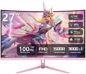 27 inch Curved Pink Gaming Monitor 100Hz,QHD(1920 ×1080),1ms,1500R,VA Screen,FreeSync,Low Blue Light, Flicker Free,Eye-Care, DP, HDMI Port for Gaming Home Office,Supports Wall Mount (75 * 75mm) 27 inch Curved Pink Gaming Monitor 100Hz,QHD(1920 ×1080),1ms,1500R,VA Screen,FreeSync,Low Blue Light, Flicker Free,Eye-Care, DP, HDMI Port for Gaming Home Office,Supports Wall Mount (75 * 75mm)