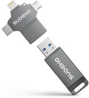 MFi Certified Photo Stick 128GB USB Flash Drive for iPhone, 4 in 1 External Memory Thumb Drive for Picture Video Data Backup, High Speed Memory Stick USB Drive for iPhone/iPad/Android/PC (Gun Black)