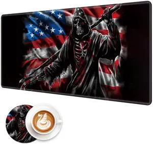 FXIANGWL XXL Gaming Mouse Pad, Extra Large Waterproof Desk Mat for Office Gaming, Non-Slip Rubber Base Durable Stitched Edge, Easy to Clean, Grimm Reaper and American Flag