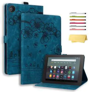 UUcovers for Amazon Kindle Fire HD 8 Tablet 8" Case (8th/7th/6th Generation, 2018/2017/2016) with Stand/Pencil Holder/Card Pockets/Embossed Flower Folio Magneic Wallet Cover, Cherry Blossom Blue Cat