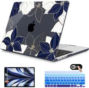 Mektron for 2025 M4 MacBook Air 13.6 Inch A3240 Case Fits 2023 A2681 M2 2024 A3113 M3 Chip with Liquid Retina Display Touch ID, Printed Plastic Hard Shell Cover for MacBook Air 13.6", Gold line Lily