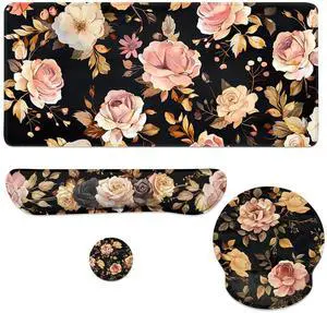 Vintage Roses Mouse Pad Set Black Background Floral Pattern Gaming Mousepad 4in1 Desk Mat for Desktop Wrist Support Cup Coaster Set Ergonomic Computer Desk Arm Wrist for Decor Home Office