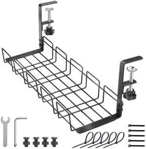 Under Desk Cable Management Tray, 15.7'' Metal Wire Organizer with Clamp, No Drill Desk Cord Rack for Cable Management, Computer Wire Organizer for Office and Home  Sturdy & Scratch-Free