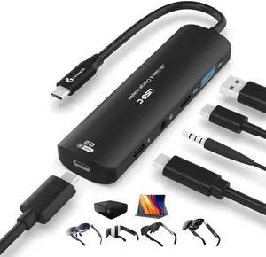 Guermok 5-in-1 USB-C to AR Glasses Adapter, 100W PD Fast Charging, 8K@60Hz Video, USB/USB-C Ports  Works with AR Glasses Devices, Handheld Consoles, Switch, USBC Phones and Laptops, Black
