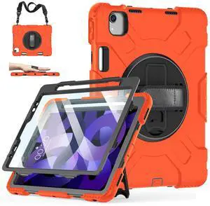 Case for iPad Air 11 M3 2025 & M2 2024: Cover for iPad Air 5th & 4th Generation 10.9 Inch (2020/2022) with Screen Protector- Stand- Handle- Shoulder Strap- Pencil Holder-Black+Orange